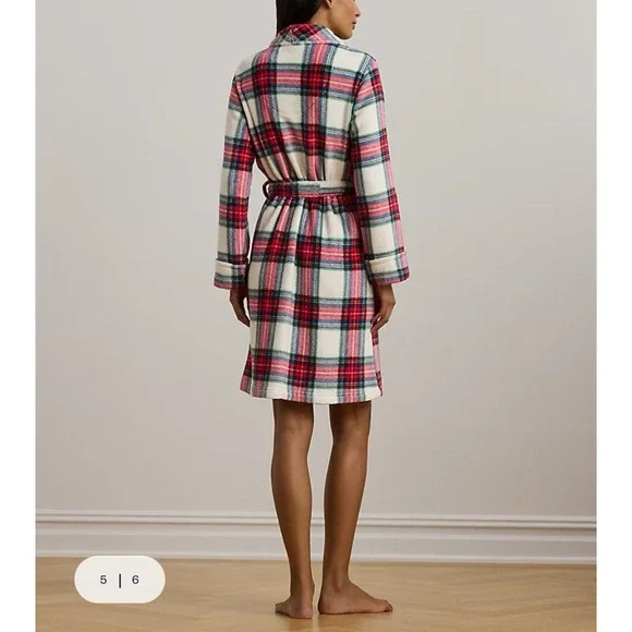 Ralph Lauren Women's Plush Soft Plaid Shawl-Collar Robe Cream Red MEDIUM NEW